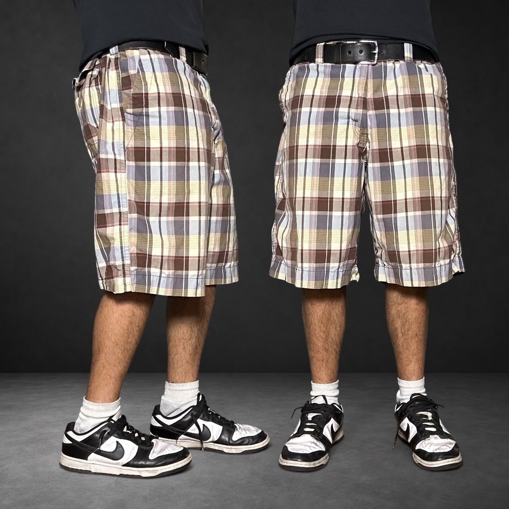Lee Dungarees Plaid Cargo Shorts Brown Blue Skater Baggy‎ Y2K Size 40